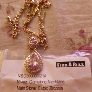 Gold Teardrop Necklace with Pink Cubic Zirconia